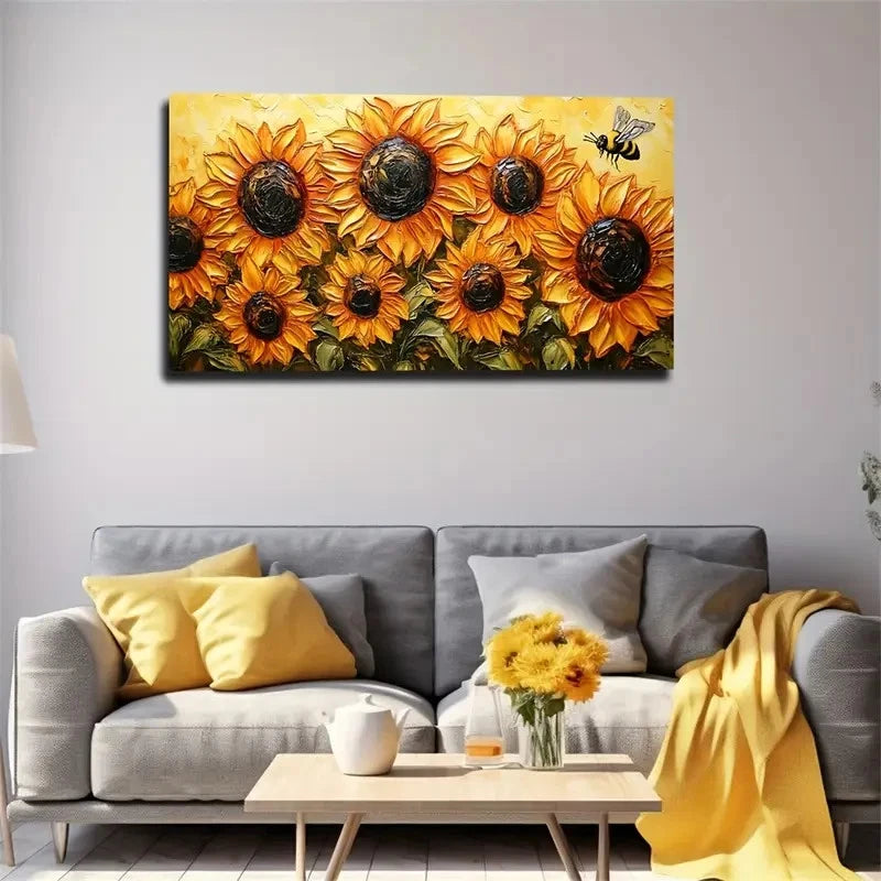 Bee And Sunflower Attractive Wall Art Canvas Office Home Room Framed 120x60cm