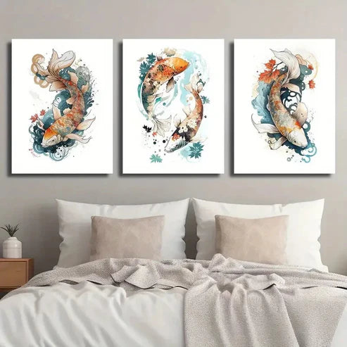3pcs Japanese Bright Koi Carp Wall Art Set Canvas Unframed - High Quality Print 100% Australian Made Wall Canvas