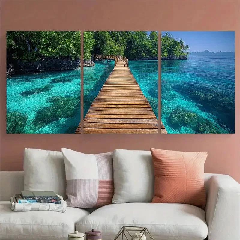 3pcs Tranquil Tropical Seascape Bridge Perfect Wall Art Set Canvas Framed 60x90cm - High Quality Print 100% Australian Made Wall Canvas Ready to Hang