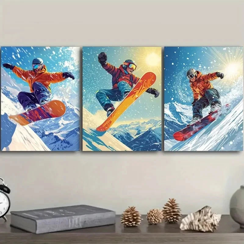 3pcs Snowboarder Art Painting Wall Art Set Canvas Framed 60x90cm - High Quality Print 100% Australian Made Wall Canvas Ready to Hang