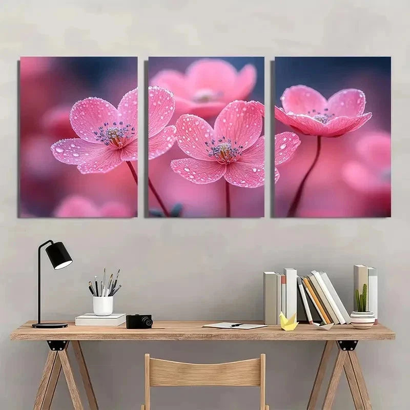 3pcs Elegant Pink Flowers On Dark Perfect Wall Art Set Canvas Framed 50x70cm - High Quality Print 100% Australian Made Wall Canvas Ready to Hang