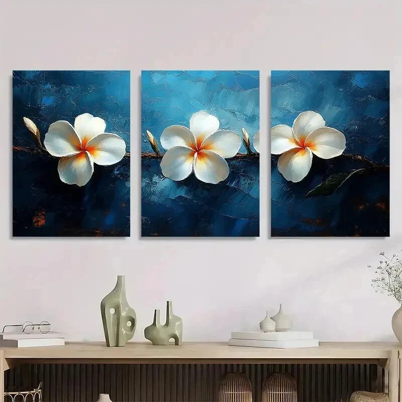 3pcs White Plumeria Flower Elegant Perfect Wall Art Set Canvas Framed 50x70cm - High Quality Print 100% Australian Made Wall Canvas Ready to Hang - Bella Home Decor