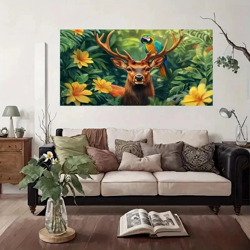 Antler Forest Parrot Floral Wall Art Canvas Office Home Room Framed 120x60cm
