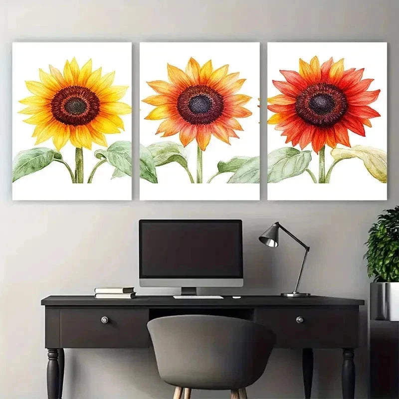 3pcs Sunflower Watercolor Nature Perfect Wall Art Set Canvas Framed 50x70cm - High Quality Print 100% Australian Made Wall Canvas Ready to Hang