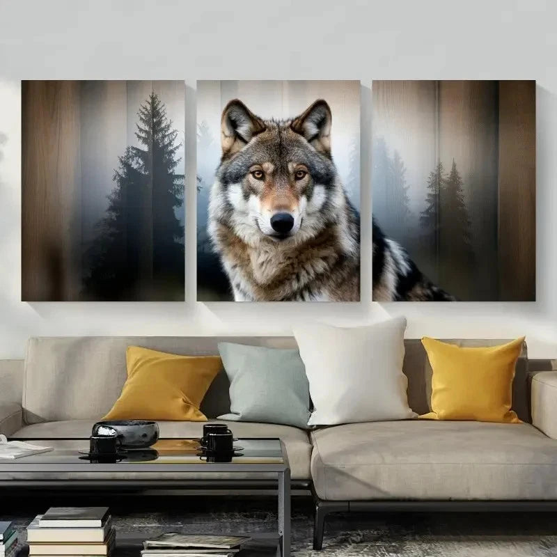 3pcs Rustic Style Wolf and Pine Tree Wall Art Set Canvas Framed 40x60cm - High Quality Print 100% Australian Made Wall Canvas Ready to Hang
