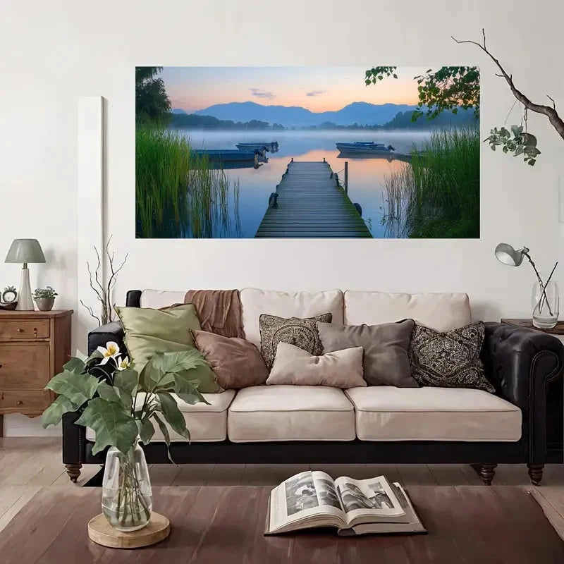 Peaceful Boats And Dock Wall Art Canvas Office Home Room Framed 120x60cm