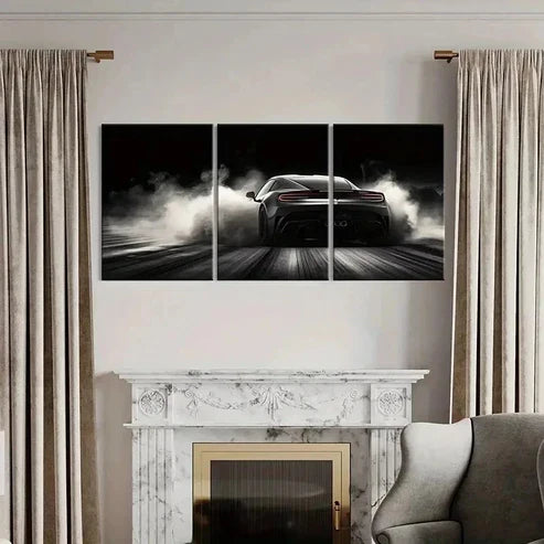 3pcs Black Sports Car Supercar with Smoke Wall Art Canvas Unframed - High Quality Print 100% Australian Made Wall Canvas - Bella Home Decor
