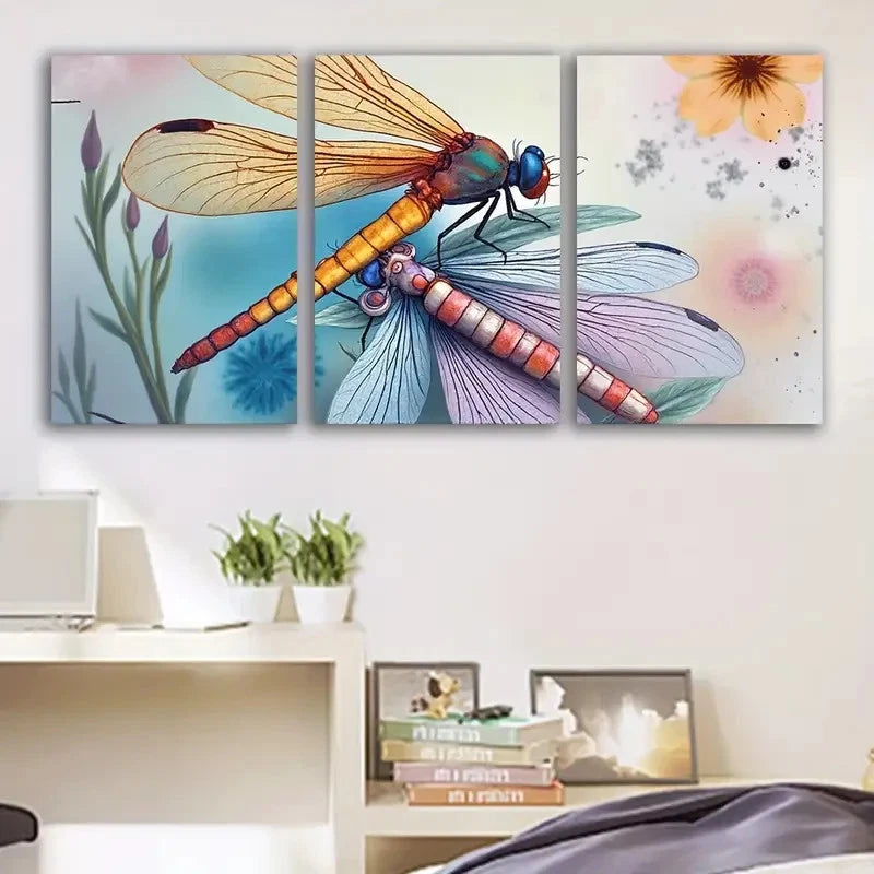 3pcs Vibrant Dragonfly Nature Design Art Wall Art Set Canvas Framed 60x90cm - High Quality Print 100% Australian Made Wall Canvas Ready to Hang