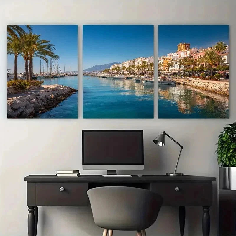 3pcs Marbella Travel Posters Spain Perfect Wall Art Set Canvas Framed 50x70cm - High Quality Print 100% Australian Made Wall Canvas Ready to Hang