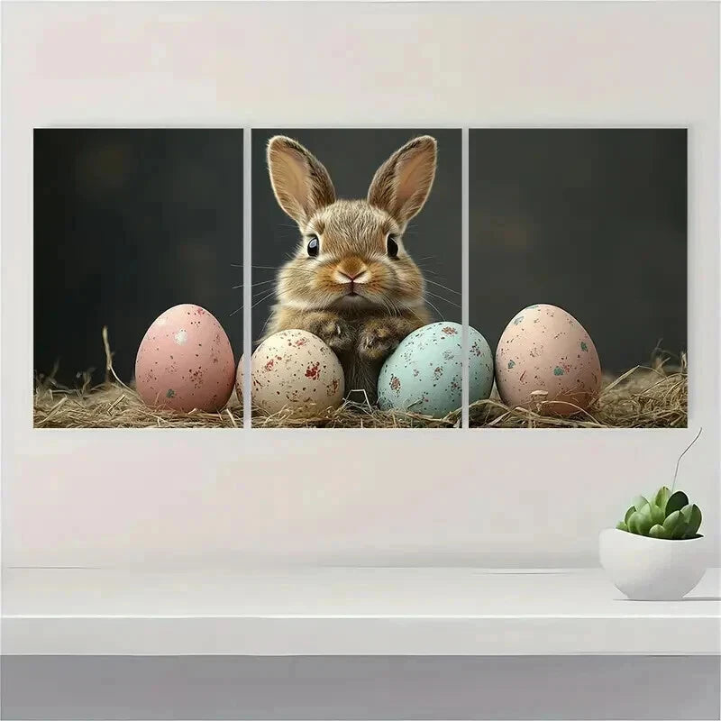 3pcs Black Retro Easter Bunny Pastel Perfect Wall Art Set Canvas Framed 50x70cm - High Quality Print 100% Australian Made Wall Canvas Ready to Hang - Bella Home Decor