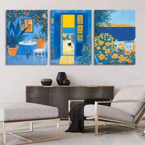 3pcs Mediterranean Blue Yellow Garden Perfect Wall Art Canvas Unframed - High Quality Print 100% Australian Made Wall Canvas