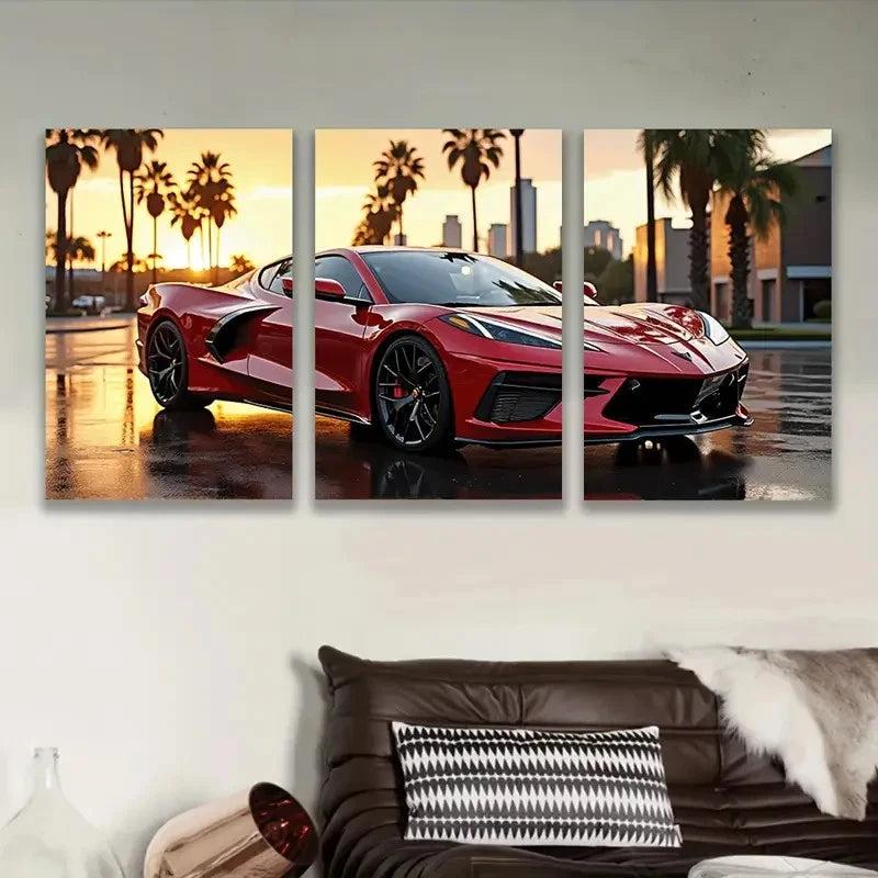 3pcs Red Chevrolet Corvette C8 Sports Car Sunset Wall Art Set Canvas Framed 60x90cm - High Quality Print 100% Australian Made Wall Canvas Ready to Hang