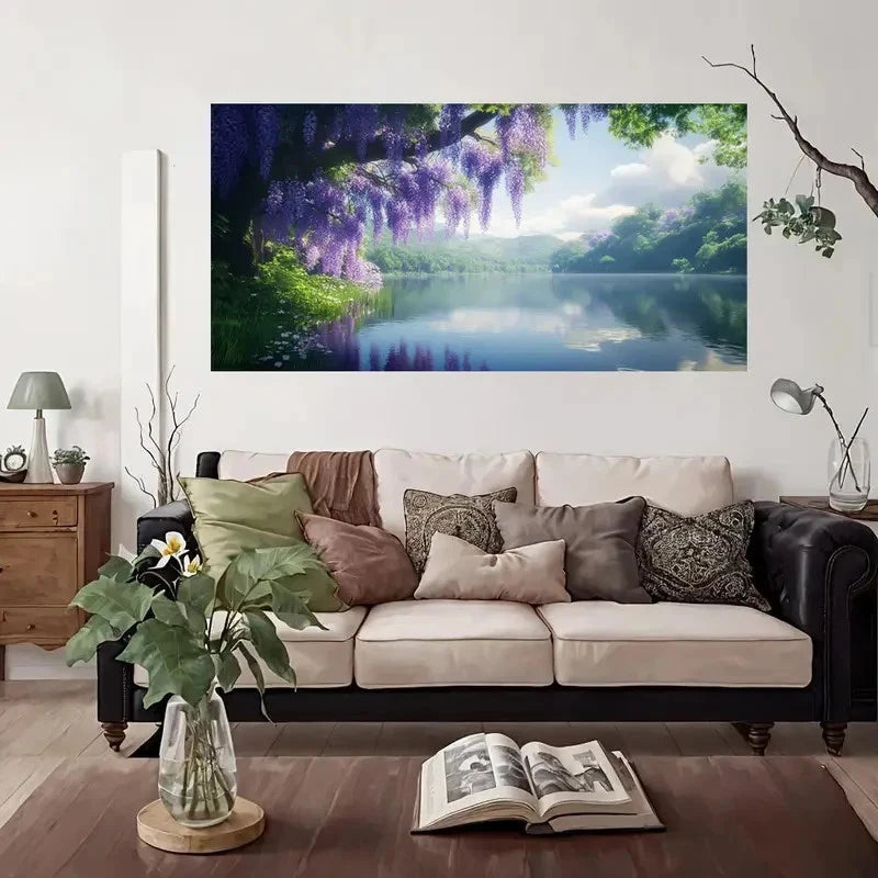 Purple Wisteria Lake Nature Wall Art Canvas Office Home Room Framed 120x60cm