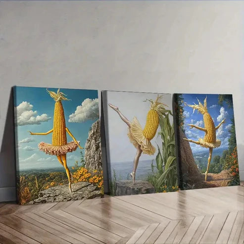 3pcs A corn with legs and a ballerina Wall Art Set Canvas Unframed - High Quality Print 100% Australian Made Wall Canvas - Bella Home Decor