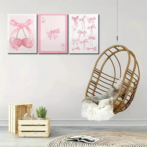 3pcs Trendy Pink Bows Wall Art Set Canvas Unframed - High Quality Print 100% Australian Made Wall Canvas
