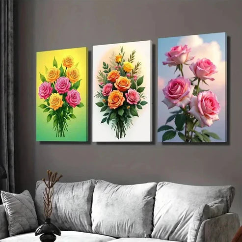 3pcs Vibrant Floral Bouquet Elegant Rose & Lily Wall Art Set Canvas Unframed - High Quality Print 100% Australian Made Wall Canvas