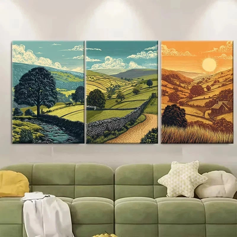 3pcs Abstract Yorkshire Dales Wall Art Set Canvas Framed 50x70cm - High Quality Print 100% Australian Made Wall Canvas Ready to Hang
