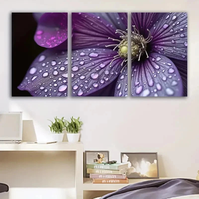3pcs Purple Floral Drops Botanical Art Wall Art Set Canvas Framed 60x90cm - High Quality Print 100% Australian Made Wall Canvas Ready to Hang