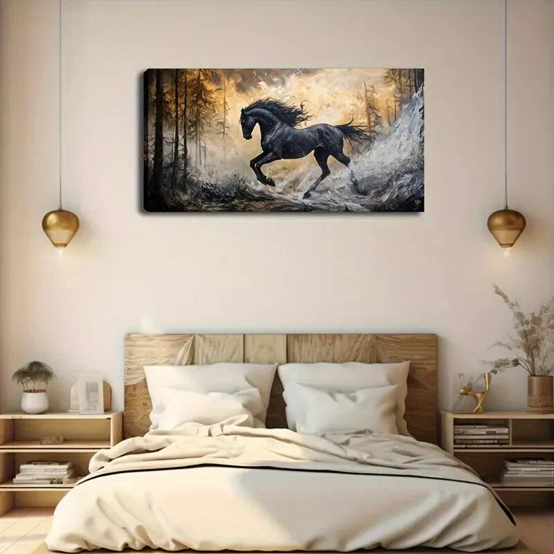 Realistic Black Horse in Forest Wall Art Canvas Office Home Room Framed 120x60cm - Bella Home Decor