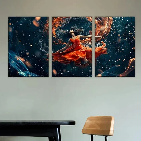 3pcs Woman in Red Dress Floating in Space Wall Art Set Canvas Unframed - High Quality Print 100% Australian Made Wall Canvas