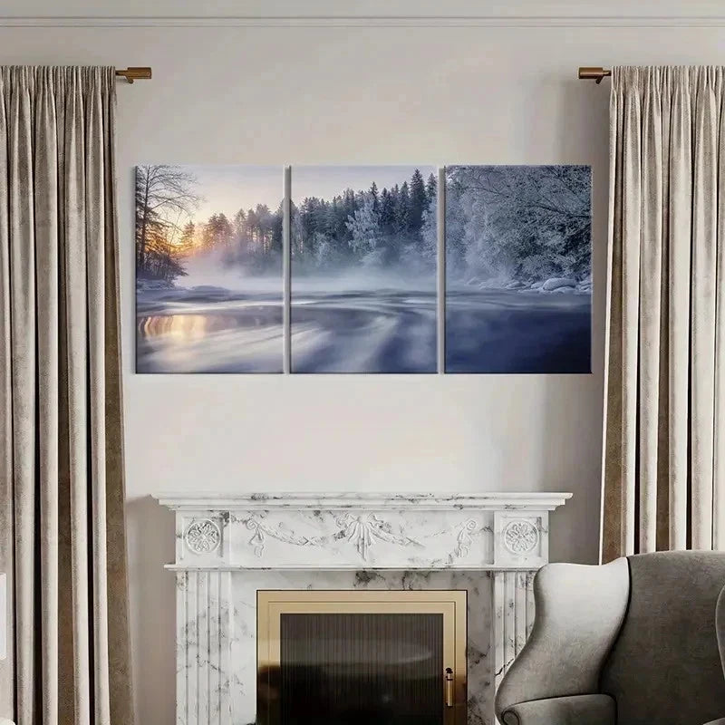 3pcs Snowy Forest Misty Landscape Serene River Wall Art Set Canvas Framed 60x90cm - High Quality Print 100% Australian Made Wall Canvas Ready to Hang