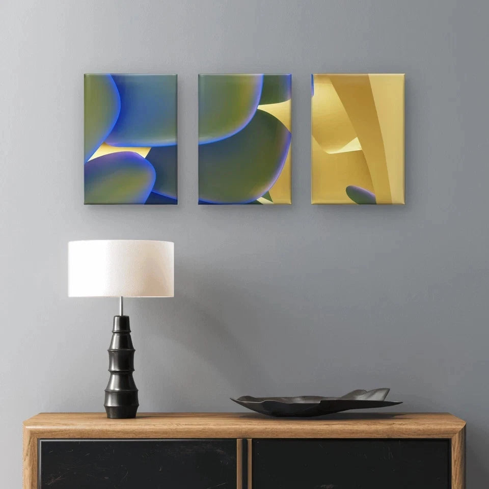 3pcs Abstract Art Blue & Gold Modern Shapes Wall Art Set Canvas Framed 50x70cm - High Quality Print 100% Australian Made Wall Canvas Ready to Hang