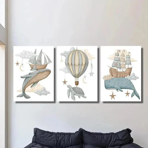 3pcs Whale Turtle Hot Air Balloon & Ship Wall Art Canvas Unframed – High Quality Print 100% Australian Made Wall Canvas