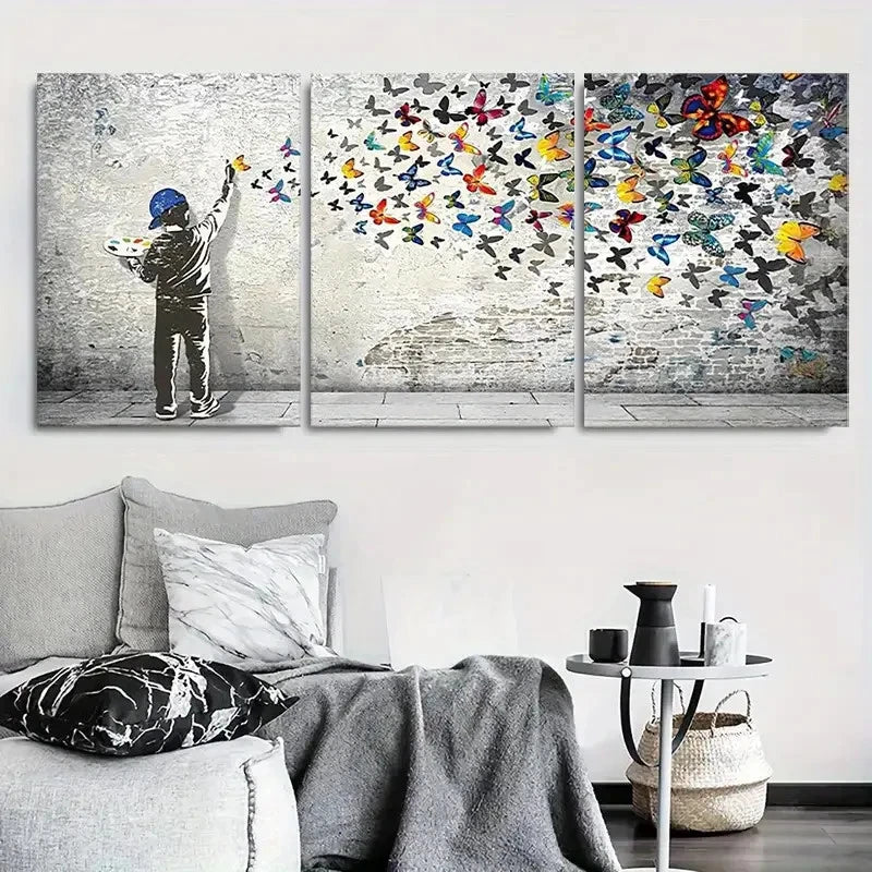 3pcs Child Painting Butterflies Wall Art Set Canvas Framed 40x60cm - High Quality Print 100% Australian Made Wall Canvas Ready to Hang - Bella Home Decor