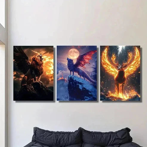 3pcs Griffons Flying Wolves and Fiery Deer Wall Art Set Canvas Unframed - High Quality Print 100% Australian Made Wall Canvas