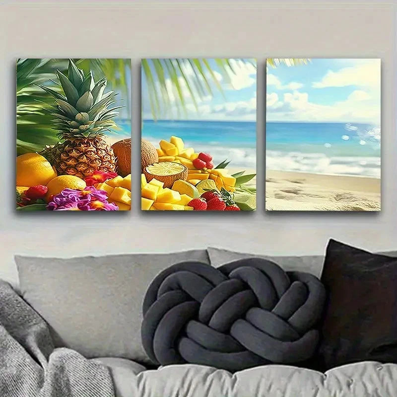 3pcs Tropical Fruits on Beach Wall Art Set Canvas Framed 50x70cm - High Quality Print 100% Australian Made Wall Canvas Ready to Hang