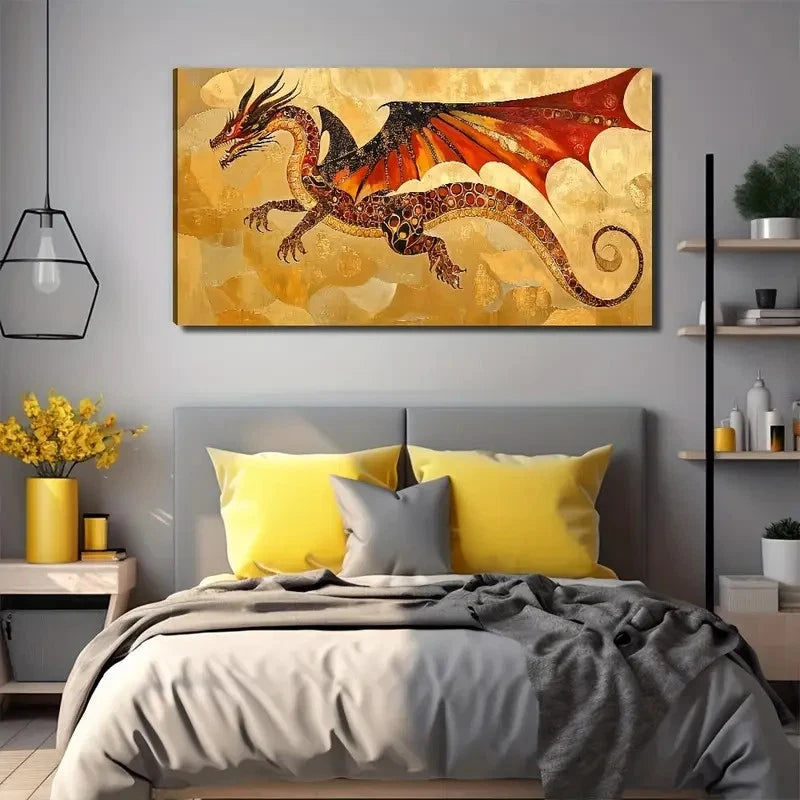Ancient Dragon Golden & Red Wall Art Canvas Office Home Room Framed 120x60cm