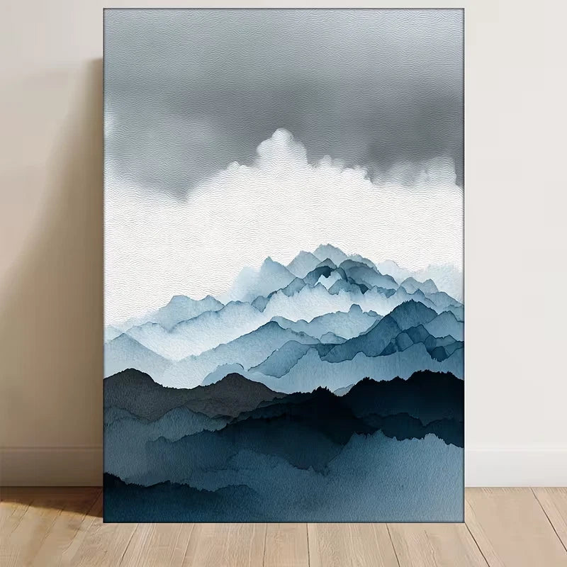 Blue Grey Coastal Mountains Abstract 60x90cm Metal Print Ready to Hang