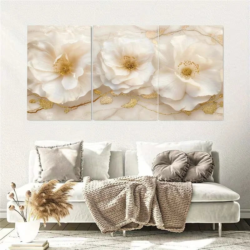 3pcs Luxury Abstract Golden Flower Wall Art Set Canvas Framed 40x60cm – High Quality Print 100% Australian Made Wall Canvas Ready to Hang