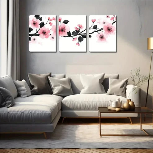 3pcs Ink Flowers Black Stamens Modern Wall Art Canvas Unframed - High Quality Print 100% Australian Made Wall Canvas
