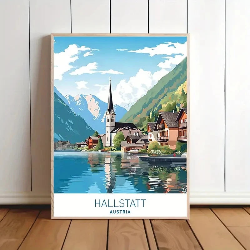 Hallstatt Austria Lake Nature Mountain Travel Poster Print Wall Art