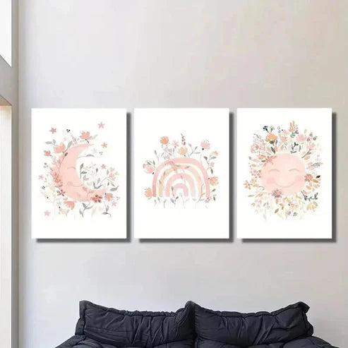 3pcs Moon Rainbow Sun Full of Flowers Wall Art Set Canvas Unframed - High Quality Print 100% Australian Made Wall Canvas