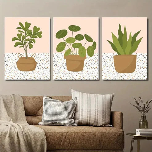 3pcs Potted Plants Illustration Wall Art Set Canvas Unframed - High Quality Print 100% Australian Made Wall Canvas
