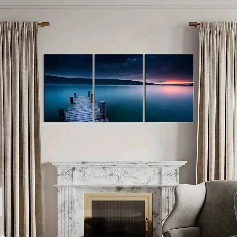 3pcs Sunset Lake & Mountain Pier View Wall Art Set Canvas Framed 60x90cm - High Quality Print 100% Australian Made Wall Canvas Ready to Hang