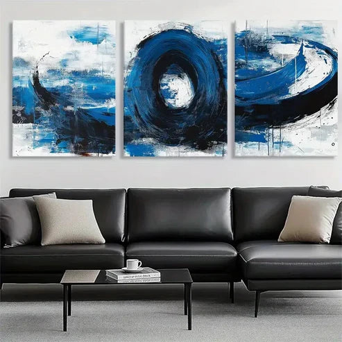 3pcs Abstract Blue and Black Swirl Wall Art Canvas Unframed - High Quality Print 100% Australian Made Wall Canvas - Bella Home Decor
