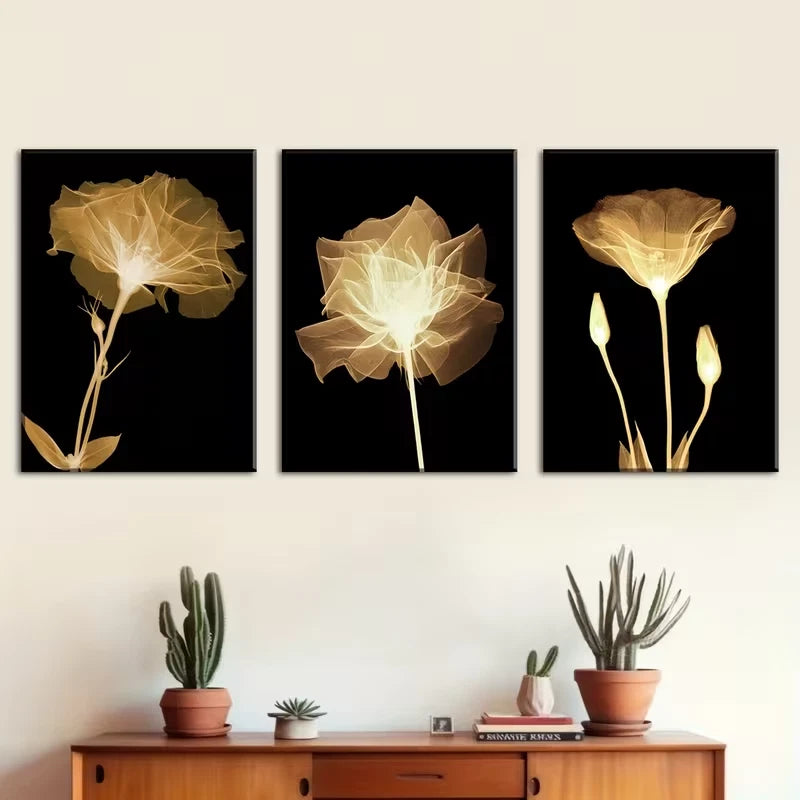 3pcs Vintage-Style Golden Floral Metal Print Ready to Hang Art