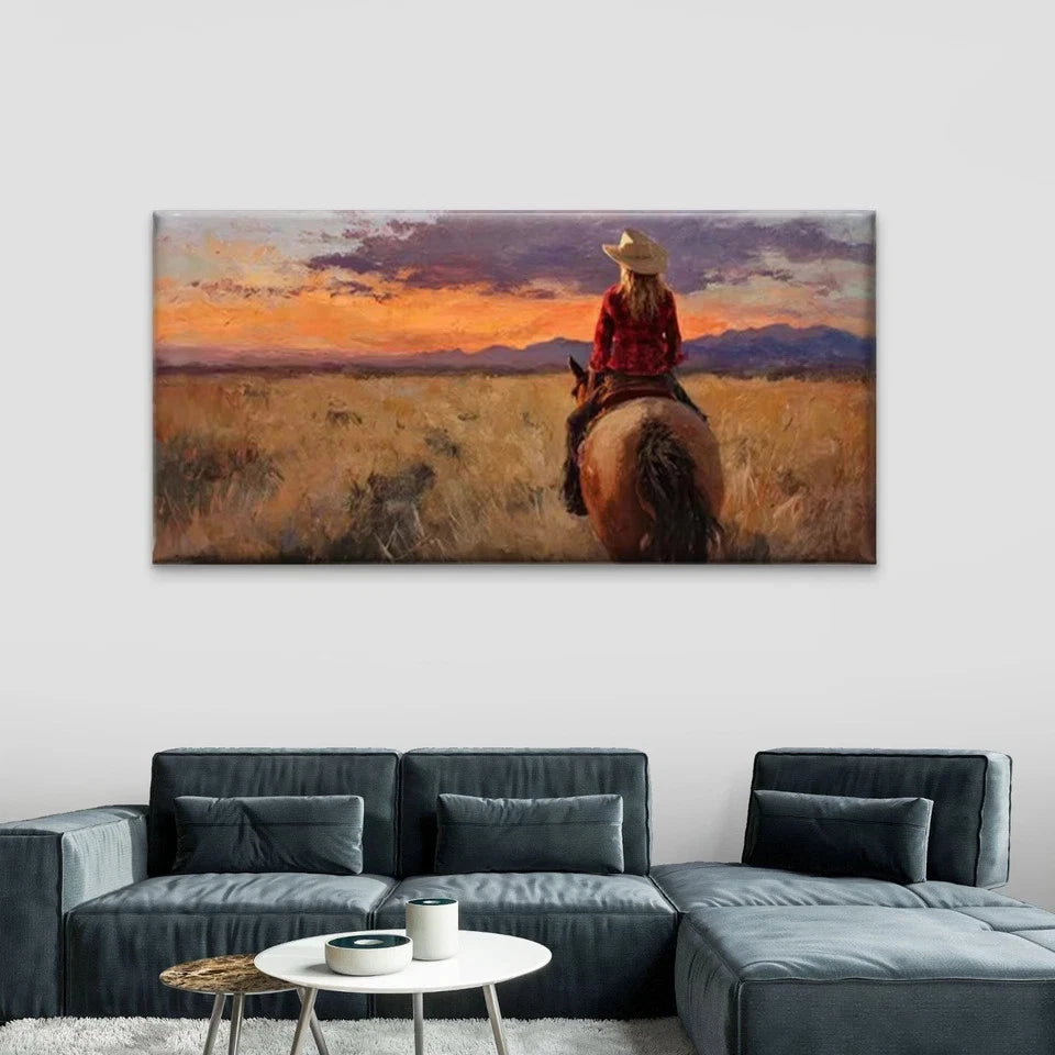 Horseback Riding Sunset Wall Art Canvas Office Home Room Framed 120x60cm