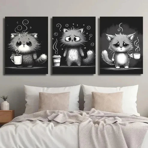 3pcs Black And White Cat Illustration Wall Art Set Canvas Unframed - High Quality Print 100% Australian Made Wall Canvas - Bella Home Decor