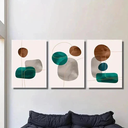 3pcs Blue Brown Grey Geometric Shape & Gold Line Wall Art Set Canvas Unframed - High Quality Print 100% Australian Made Wall Canvas - Bella Home Decor