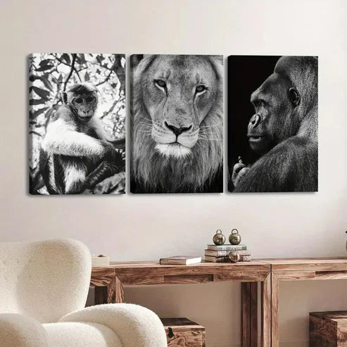 3pcs Vintage Black Animal Monkey Lion & Gorilla Wall Art Set Canvas Unframed - High Quality Print 100% Australian Made Wall Canvas