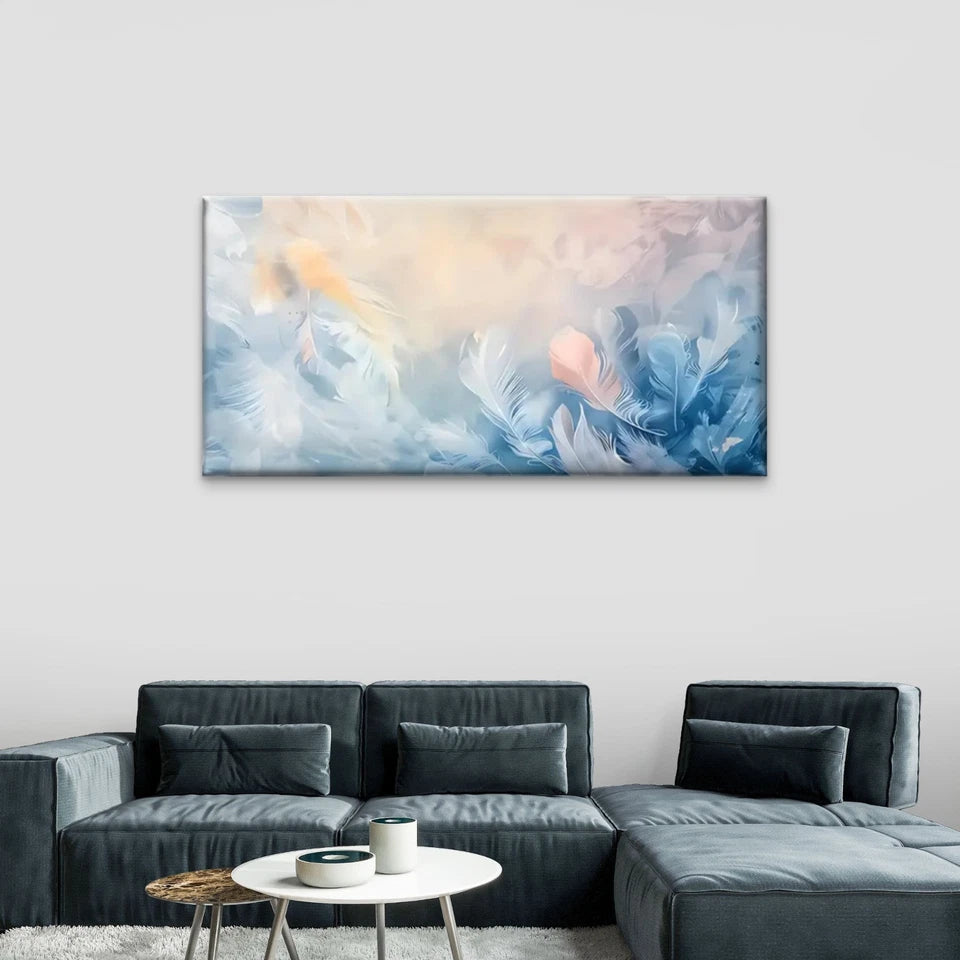 Blue & Yellow Feather Design Wall Art Canvas Office Home Room Framed 120x60cm