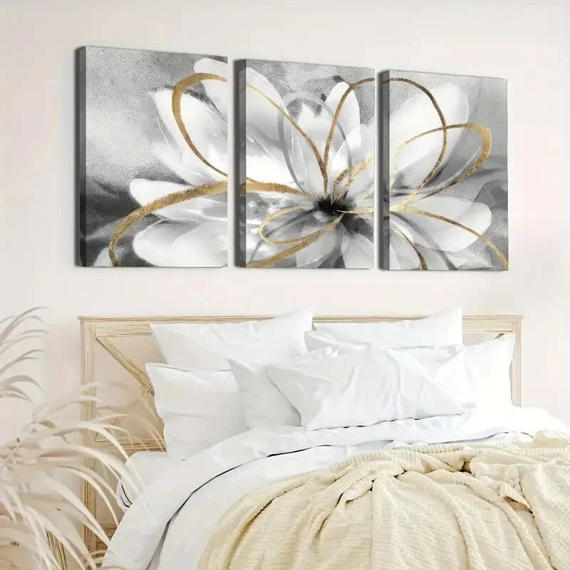 3pcs Golden Lines And White Flowers Wall Art Set Canvas Framed 60x90cm - High Quality Print 100% Australian Made Wall Canvas Ready to Hang - Bella Home Decor