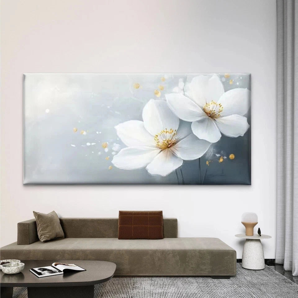 Abstract White Flowers Vintage Wall Art Canvas Office Home Room Framed 120x60cm