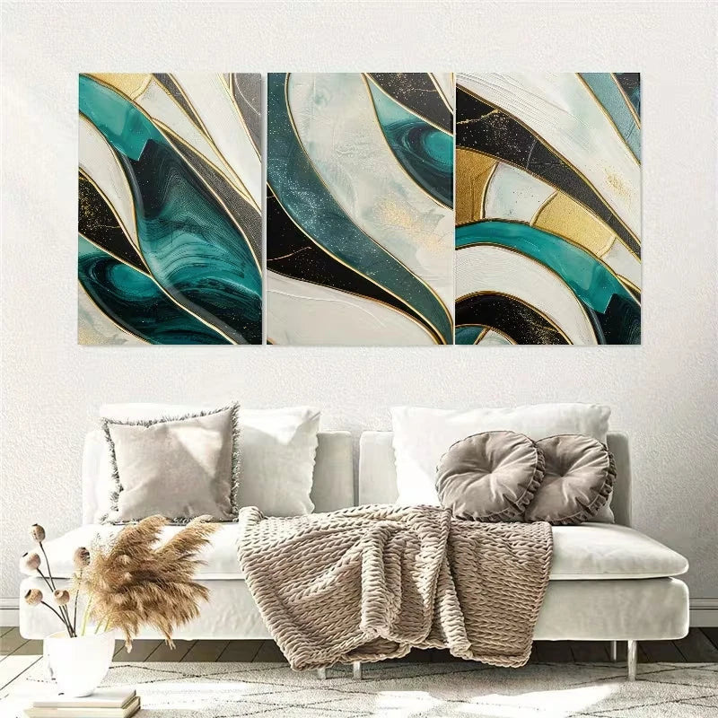 3pcs Abstract Golden & Green Geometric Wall Art Set Canvas Framed 50x70cm - High Quality Print 100% Australian Made Wall Canvas Ready to Hang - Bella Home Decor