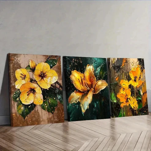 3pcs Yellow Lilies in the Rain Decoration Wall Art Set Canvas Unframed - High Quality Print 100% Australian Made Wall Canvas