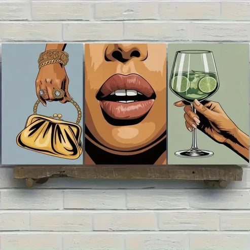 3pcs Women Cocktail and Handbag Illustration Wall Art Canvas Unframed - High Quality Print 100% Australian Made Wall Canvas